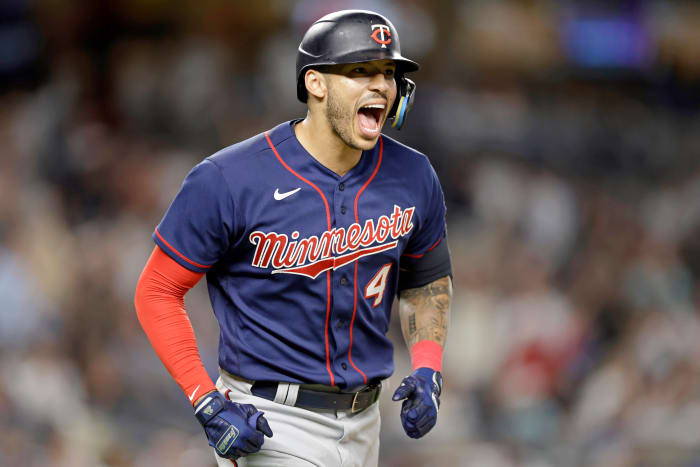 Former Twins shortstop Carlos Correa reacts after hitting a two-run home run against the Yankees during the eighth inning of a game Thursday, Sept. 8, 2022, in New York.